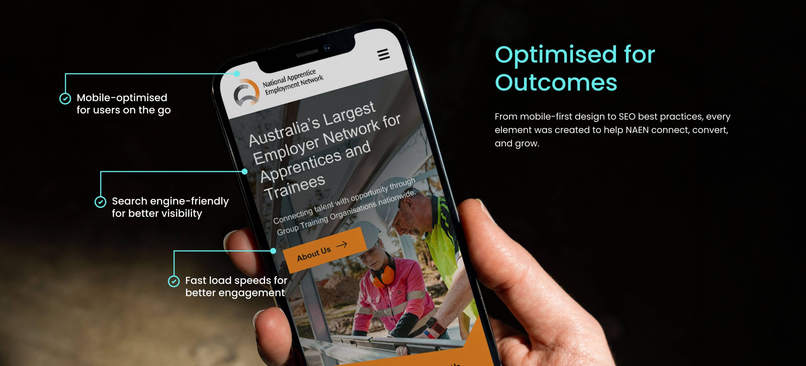 Optimised for Outcomes: mobile-optimised for users on the go, search engine-friendly for better visibility, fast load speeds for better engagement. From mobile-first design to SEO best practices, every element was created to help NAEN connect, convert, and grow.